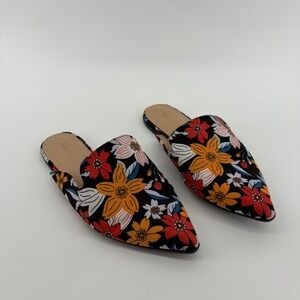Tilocow Womens 10 Black Floral Pointed Toe Mules Flat Slip On Slides